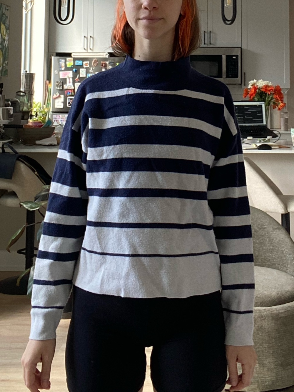 Maeve Navy and White Striped Mock Neck Sweater